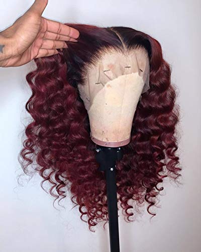 Bordo 13x6x1 T parçası dantel peruk insan saçı 1b/99J Tutkalsız ıslak ve dalgalı orta derin kısmı brezilyalı saç siyah kadınlar