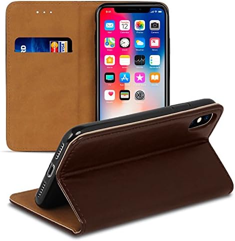 Flip Case Mikrofiber için Apple iPhone X/XS | Kahverengi deri çanta ile kart