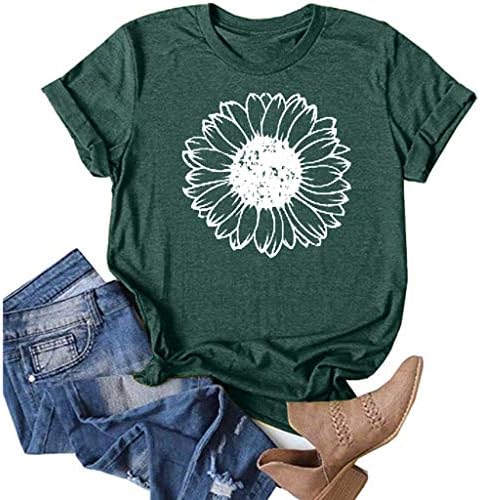 Dosoop Kadın Kısa Kollu Sevimli Ayçiçeği Grafik T Shirt Crewneck Gömlek Yaz Casual Tee Gömlek Tops Bluz