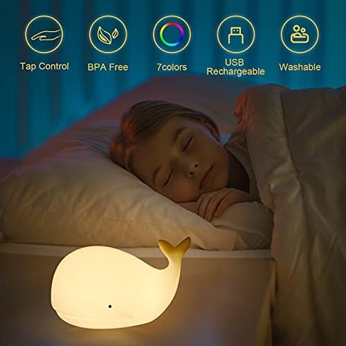 Çocuk Odası için balina Gece Lambası, 7 Renk Değiştirme ve Musluk Kontrolü ile Sevimli Gece Lambası, Bebek Erkek Kız Yürümeye