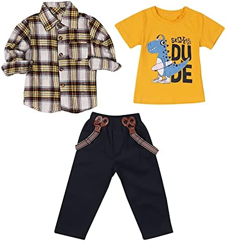 LUKYCILD 3 T Erkek Giysileri erkek Bebek Takım Elbise Ekose Gömlek + araba Baskı t-Shirt + Kot 3 adet