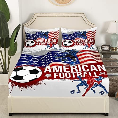 Amerikan Bayrağı Çarşaf Seti Kraliçe Çocuk Genç Erkek Yatak Odası Dekoratif, Futbol Yatak Spor Oyunu Tema Derin Cep, 4 ADET (1