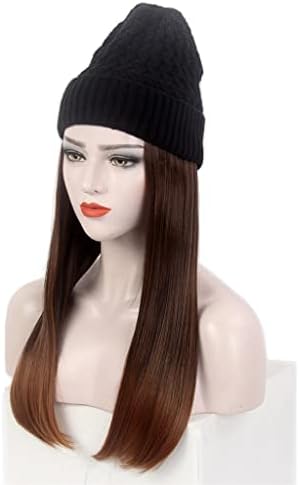 KLHHG Moda Avrupa ve Amerikan Bayanlar Saç Şapka Bir Siyah Örme Şapka Peruk Uzun Düz Kahverengi Peruk Şapka Bir