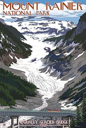 Mount Rainier Ulusal Parkı, Washington, Nisqually Buzul ve Kırmızı Otobüs (12x18 Duvar Sanat Poster, Dijital Baskı Dekorasyon)
