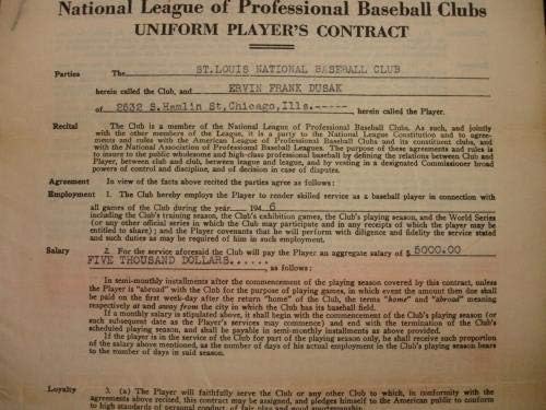 Erv Dusak 1946 St. Louis Cardinals Resmi Oyuncu Sözleşmesi-MLB İmzasız Çeşitli