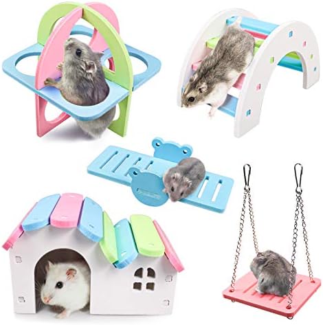Roundler Cüce Hamster Evi DIY Ahşap Gerbil Hideout Gökkuşağı Köprü Salıncak ve PVC Tahterevalli, Pet Spor Egzersiz oyuncak seti,