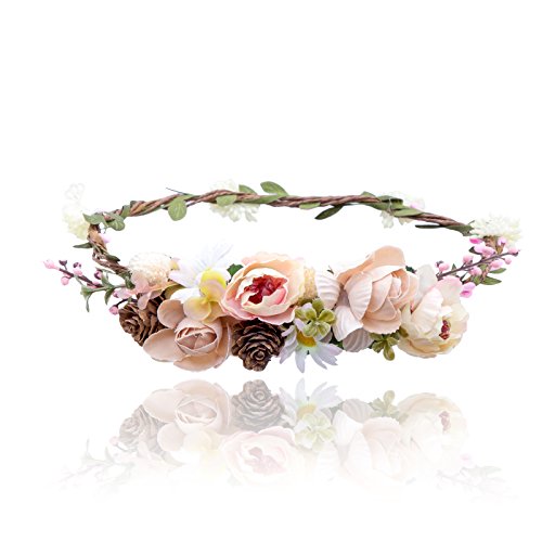 AWAYTR Bohemia Çiçek Taç Kafa Bandı-Zarif Çam kozalağı Yaprak Berry çiçek Kafa Bandı Çiçek Halo çelenk kadınlar (açık haki +