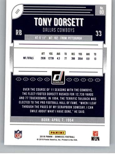 2018 Donruss Futbol 80 Tony Dorsett Dallas Cowboys Resmi NFL Ticaret Kartı