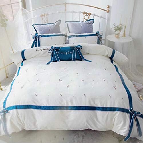 John Whitley Tekstil Lüks Mavi & Beyaz 60 S Pamuk Yatak Seti 4 Parça Prenses Ilmek Nevresim Set Kral Nakış Çiçek Kız Yatak Seti