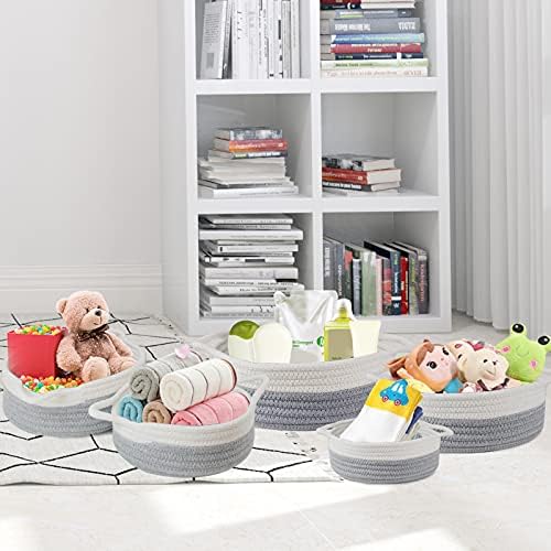 Voil Voilamart Pamuk İp Sepet 5'li Set, Kulplu İp Sepet, Dokuma Saklama Sepeti, Beyaz ve Gri Dekoratif Oyuncak Sepetleri Bebek
