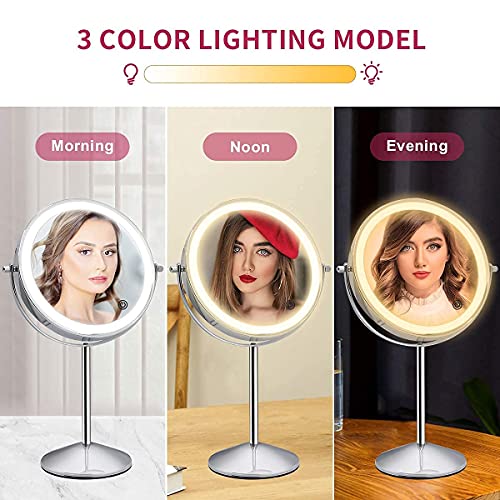 LED ışıklı Şarj Edilebilir Makyaj Makyaj Aynası, 8 İnç Çift Taraflı, Büyük Işıklı Ayna, 10X Büyütme, 3 Renkli Aydınlatma