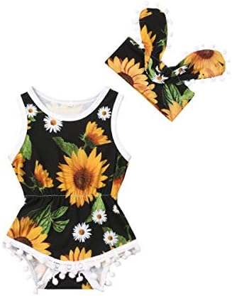 Yenidoğan Bebek Kız Yaz Kıyafeti Çiçek Tulum Bodysuits Toddler Ayçiçeği Rahat Giysiler + Bantlar