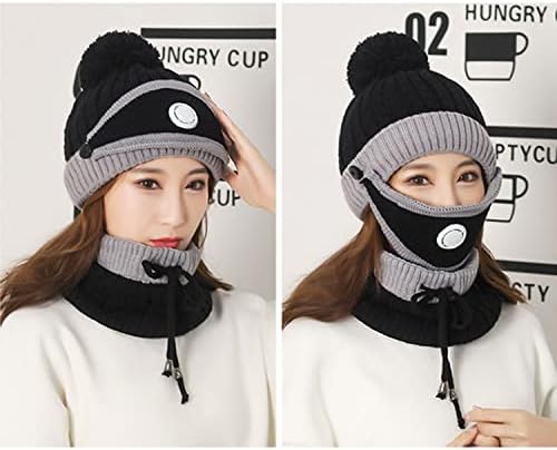 Ayrılabilir Sıcak maske ile bayan Pom Beanie Şapka Eşarp Seti, Sevimli Kış Kayak Sıcak Yumuşak Hımbıl Kafatası Kap