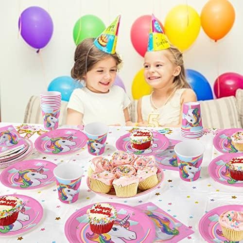 Kızlar için Doğum Günü Partisi Tabakları, Tek Boynuzlu At Temalı Tek Kullanımlık Parti Malzemeleri, 96 ADET 9 Yemek Tabağı, 7