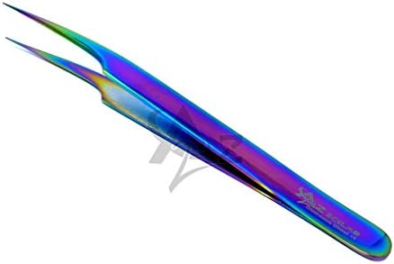 2 SET Paslanmaz Çelik Çok Titanyum Gökkuşağı Renk 3D Kirpik Uzatma Cımbız A tipi açılı + Pro Düz Ince Nokta (A2Z)