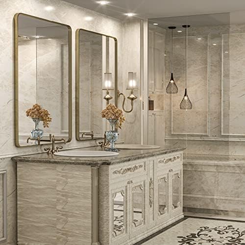 TokeShımı Altın banyo aynası için Duvar 36x30 İnç Fırçalanmış Pirinç Metal Yuvarlak Köşe Dikdörtgen Ayna Metal Çerçeve Derin