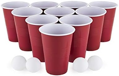 Gerçek Bira Seti 4 Ping Pong Topu ve 20 Plastik Bardak Seti, 16 oz, Kırmızı