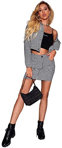 SweatyRocks kadın Takım Elbise 2 Parça Tüvit Blazer Ceket Kaban ve Etek Seti