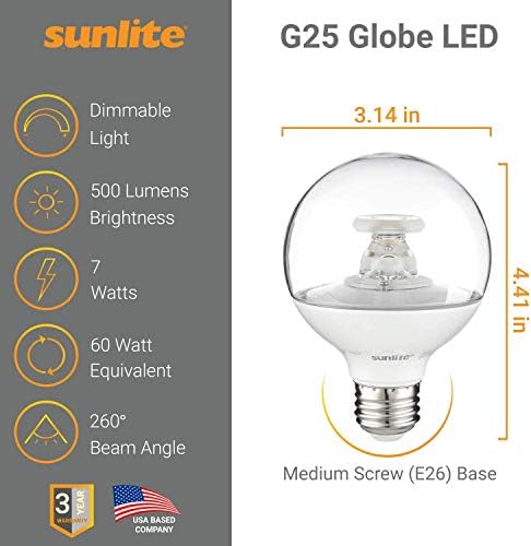 Sunlite 40219-SU LED G25 Küre Ampul, 2700K-Sıcak 7 Watt (60W Eşdeğeri), Orta (E26) Taban, Kısılabilir, Energy Star Sertifikalı,
