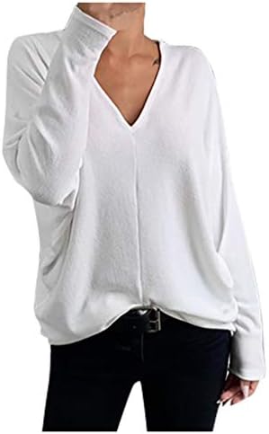 YOMXL Kadınlar Bayanlar Gevşek Katı V Yaka Uzun kollu bluz Kazak Tee Gömlek Tops