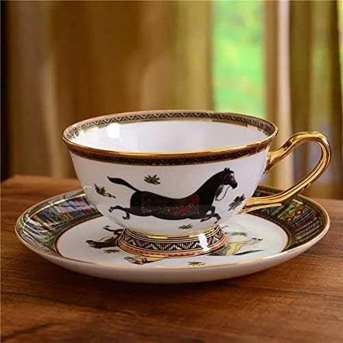 CXJAY Çay Bardağı, Çin Kahve Fincanı ve Tabağı Çay Bardağı Seti Beyaz Porselen Altın Kulplu Kupa (Kapasite: 201-300ml, Renk: