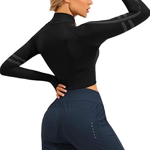 Rüya İnce kadın Kırpma Ceket-Uzun Kollu ½ Zip Atletik Gömlek Başparmak Delik Yoga Koşu Egzersiz Tops