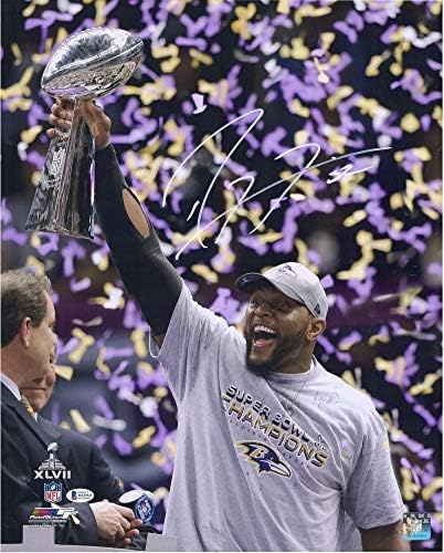 Ray Lewis Baltimore Ravens İmzalı 16 x 20 Super Bowl XLVII Trophy Fotoğrafı-NFL İmzalı Çeşitli Eşyalar