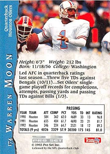 1993 Pro Set Futbol 174 Warren Moon Houston Oilers Pro Set Şirketinden Resmi NFL Ticaret Kartı