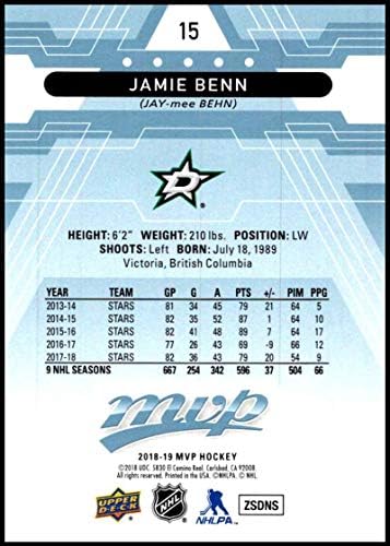 2018-19 Üst Güverte MVP Mavi Fabrika Seti Hokeyi 15 Jamie Benn Dallas Yıldız Resmi NHL Ticaret Kartı UD