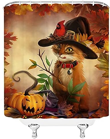 QYVLHD Güz Yavru Duş Perdesi Sonbahar Cadılar Bayramı Sihirbazı Şapka Kitty Kedi Kabaklar Akçaağaç Orman Hayvan Desen Banyo Dekoratif