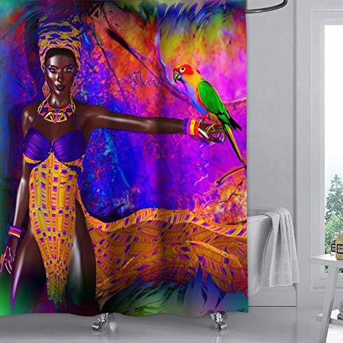 Renkli Yıldız Afrikalı Kadın ve Papağan Duş Perdesi Seti Banyo Dekor Makinede Yıkanabilir Polyester Kumaş Afro Banyo Perdesi