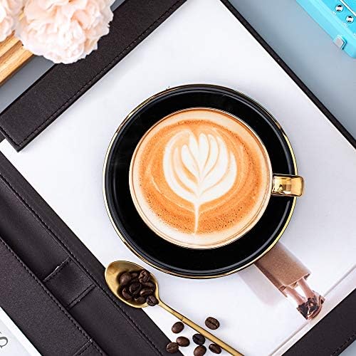 Coffeezone Lüks Altın 10 oz Seramik Latte Sanat Cappuccino Barista Fincan Tabağı (Serin Siyah)