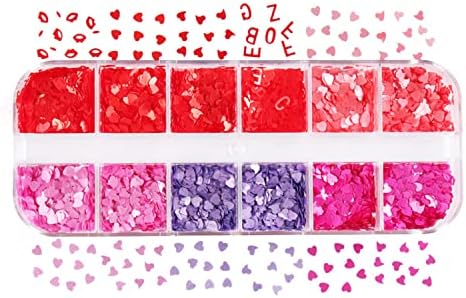12 Izgara / Kutu Sevgililer Günü Tırnak Sanat Glitter Sequins, 3D Tırnak Sanat Süslemeleri Aşk Kalp Mektup Çoklu Renk Tasarım