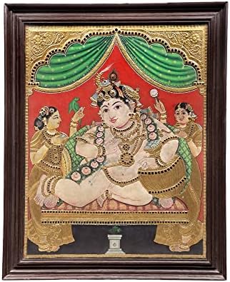 28 x 34 Tereyağı Krishna Tanjore Boyama / Geleneksel Renkler İle 24 K Altın / Tik Ağacı Çerçeve / Altın