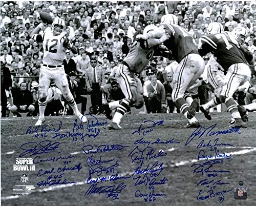 1969 New York Jets İmzalı 16 x 20 Super Bowl III Joe Namath, 24 İmzayla Fotoğraf Attı-İmzalı NFL Fotoğrafları