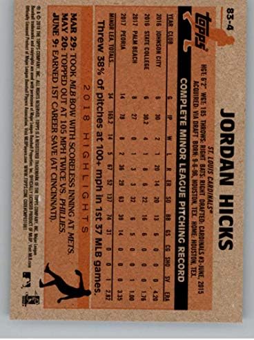 2018 Topps Güncelleme 1983 Topps 35th 83-4 Jordan Hicks St. Louis Kardinaller RC Çaylak MLB Beyzbol Ticaret Kartı
