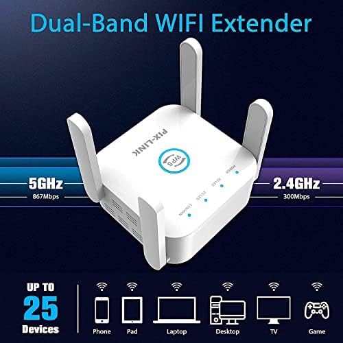 PİX-LİNK WiFi Genişletici, Kablosuz Sinyal Güçlendirici ve Tekrarlayıcı, 4 Anten 360°Tam Kapsama Alanı,Çift Bantlı 2.4 G ve 5G