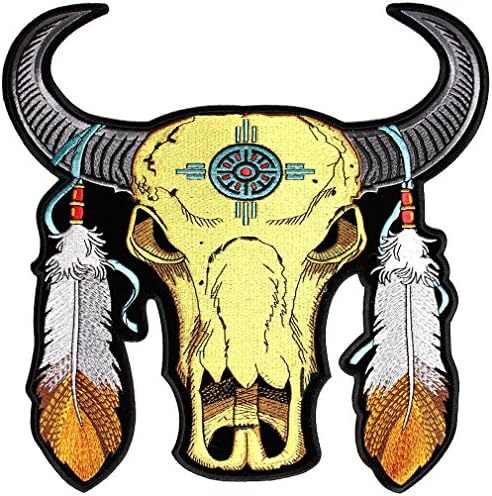Deri Yüce Buffalo Kafatası, Hint Tüyleri, Tasarım İşlemeli Biker Yama-Altın-Büyük