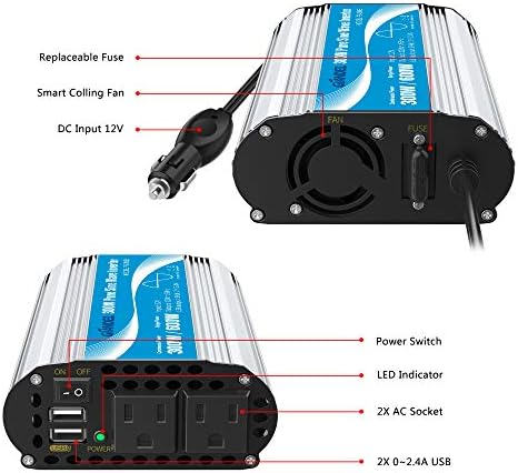 Saf Sinüs Dalga güç inverteri 300 Watt araç adaptörü Dönüştürür 12 V DC 120 V AC ile 4.8 A Çift USB ve 2 AC Çıkışları için Tablet