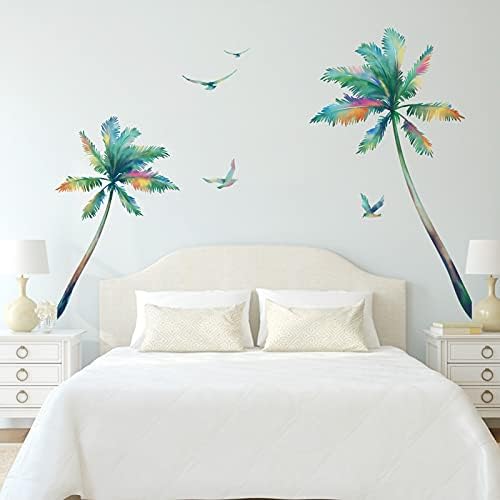 decalmile Suluboya Palmiye Ağacı Duvar Çıkartmaları Tropikal Bitkiler Kuşlar duvar çıkartmaları Yatak Odası Oturma Odası TV Duvar