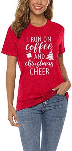 LUKYCILD Noel Gömlek Kadınlar ıçin Ben Kahve Üzerinde Çalıştırmak ve Noel Tezahürat Gömlek Kısa Kollu Tatil Tee Tops