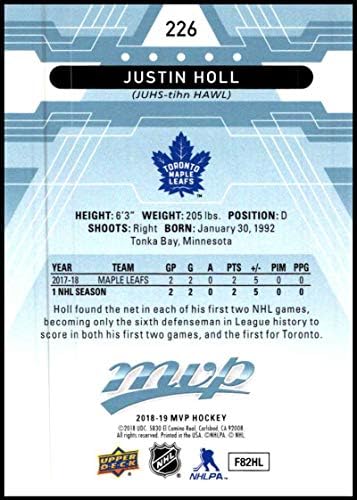 2018-19 Üst Güverte MVP Mavi Fabrika Seti Hokeyi 226 Justin Holl Toronto Maple Leafs RC Çaylak Kartı Resmi NHL Ticaret Kartı