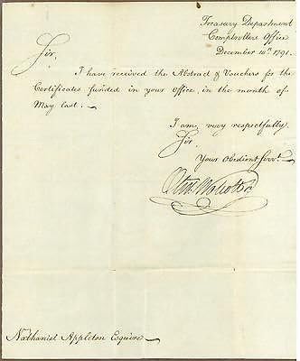 Oliver Wolcott, Jr., ABD Hazine Bakanı, İmzalı Mektup, 1791, COA