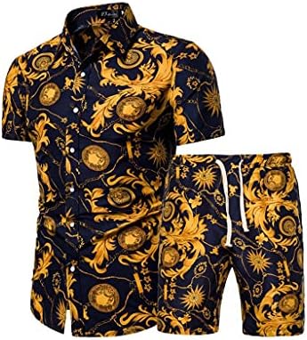 GELTDN Moda erkek Çiçek Gömlek plaj pantolonu, Çiçek Baskı erkek Kısa Kollu Pantolon Takım Elbise (Renk: Sarı, Boyut: XXL Kodu)