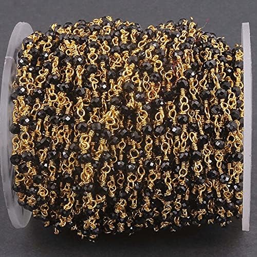 50 FEET Siyah Spinel 3mm-4mm 24k Altın Kaplama Tesbih Tarzı Boncuklu Zincir-Toplu Toptan Tel Sarılı Zincir
