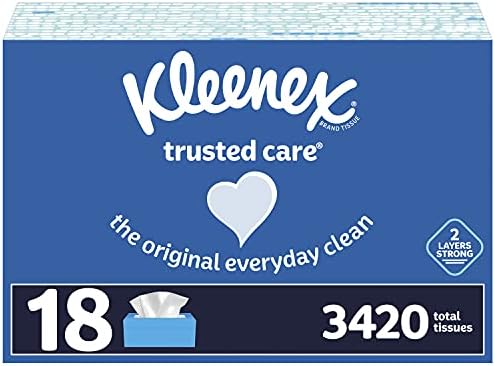 Kleenex Trusted Care Yüz Mendilleri, 18 Düz Kutu, Kutu Başına 190 Doku (Toplam 3,420 Doku)