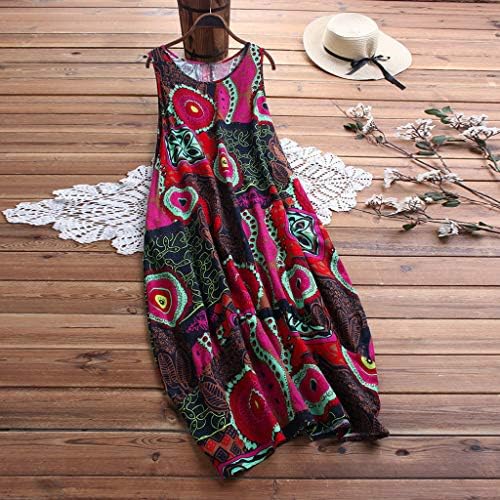 Mingyun Artı Boyutu Tankı Elbise Kadınlar için Kolsuz Çiçek Baskı Günlük Keten Maxi Elbise Yaz Tatili Gevşek Rahat Elbise
