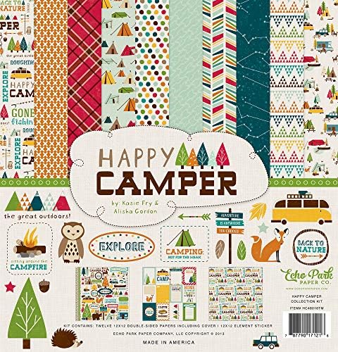 Echo Park Paper Company Happy Camper Collection Kit TM kağıt, lacivert, yeşil, mavi, sarı, turuncu