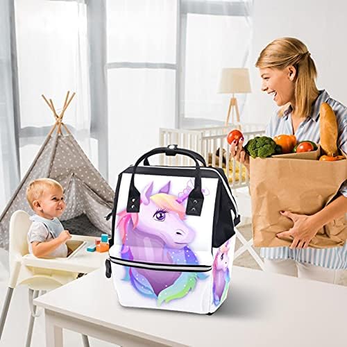 Bebek bezi çantası BackpackLarge Unisex çanta, çok amaçlı seyahat geri paketi anneler babalar için tek boynuzlu at beyaz