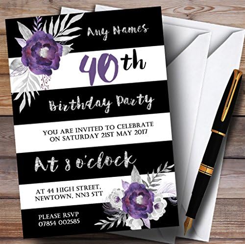 Siyah Beyaz Gümüş Mor Çiçek 40. Kişiye Özel Doğum Günü Partisi Davetiyeleri